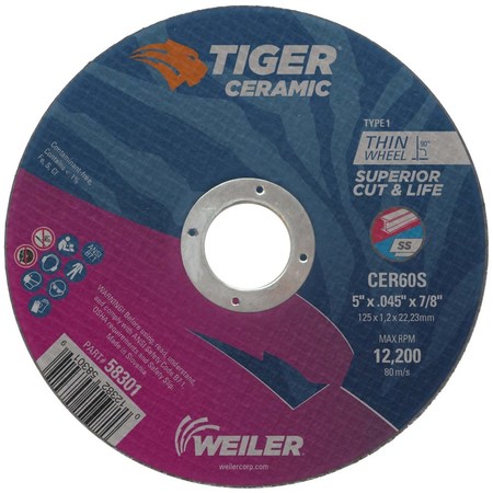 WEILER 5" x .045" TIGER CERAMIC Type 1 Cut-Off Wheel CER60S 7/8 A.H. 58301
